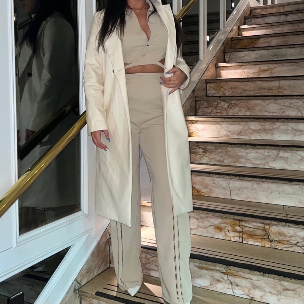 Maniere De Voir Cream Women's Trousers and Coat Set